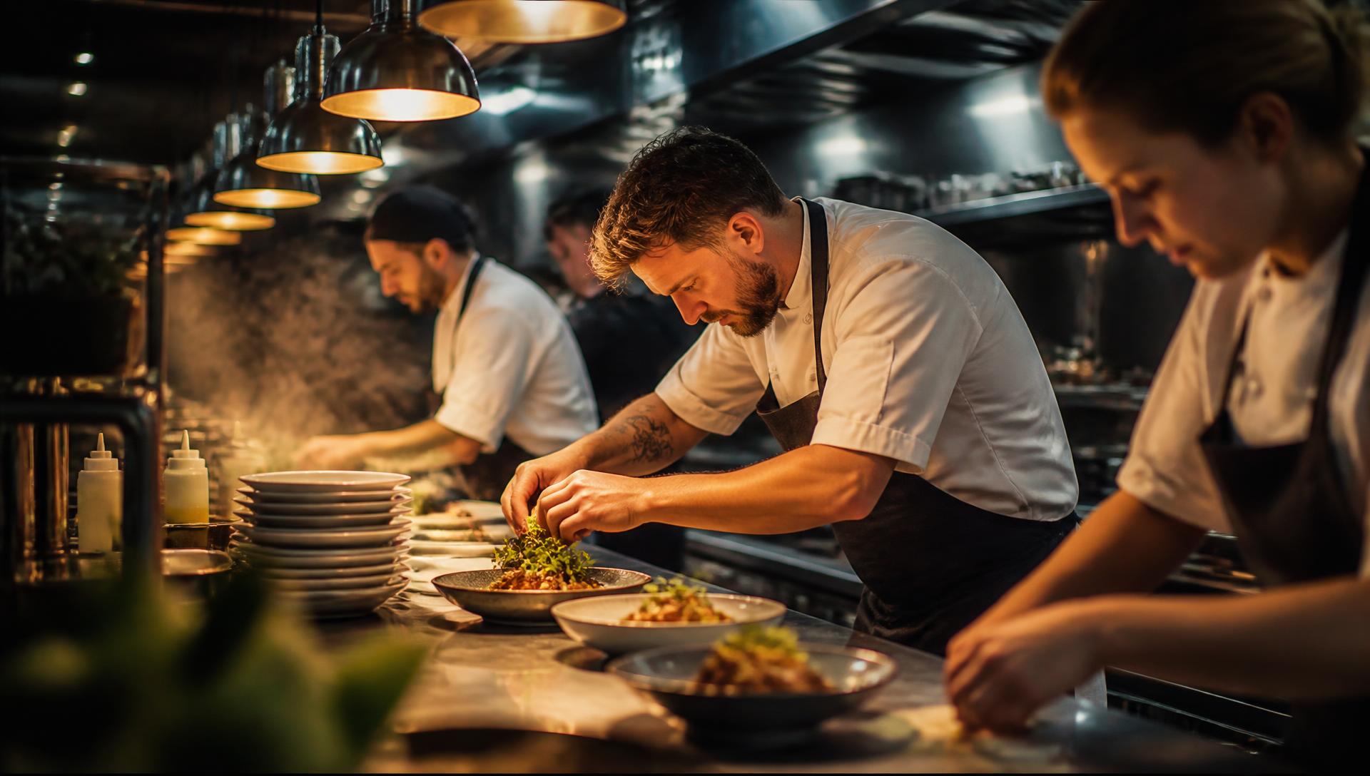Equipe de cozinha finalizando pratos durante o serviço
